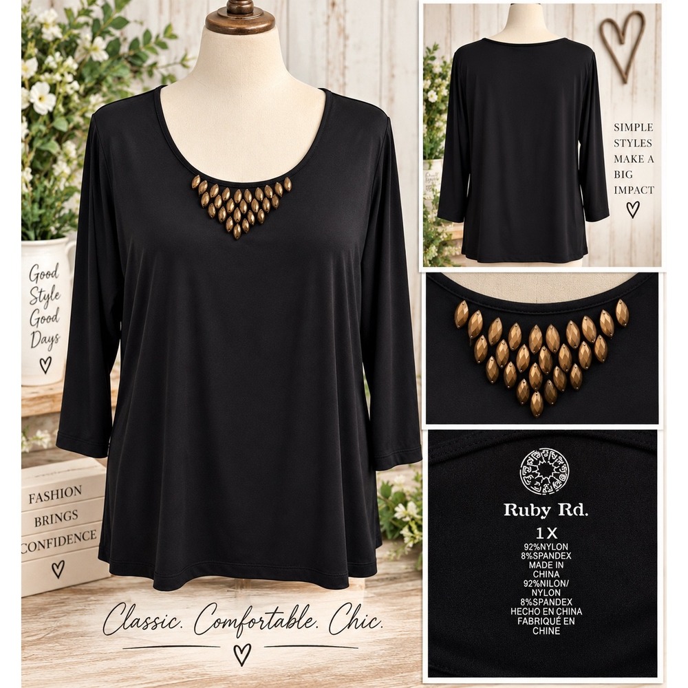 Ruby Rd Womens 1X Black Scoop Neck 3/4 Sleeve Top Gold Beaded Bib Embellished